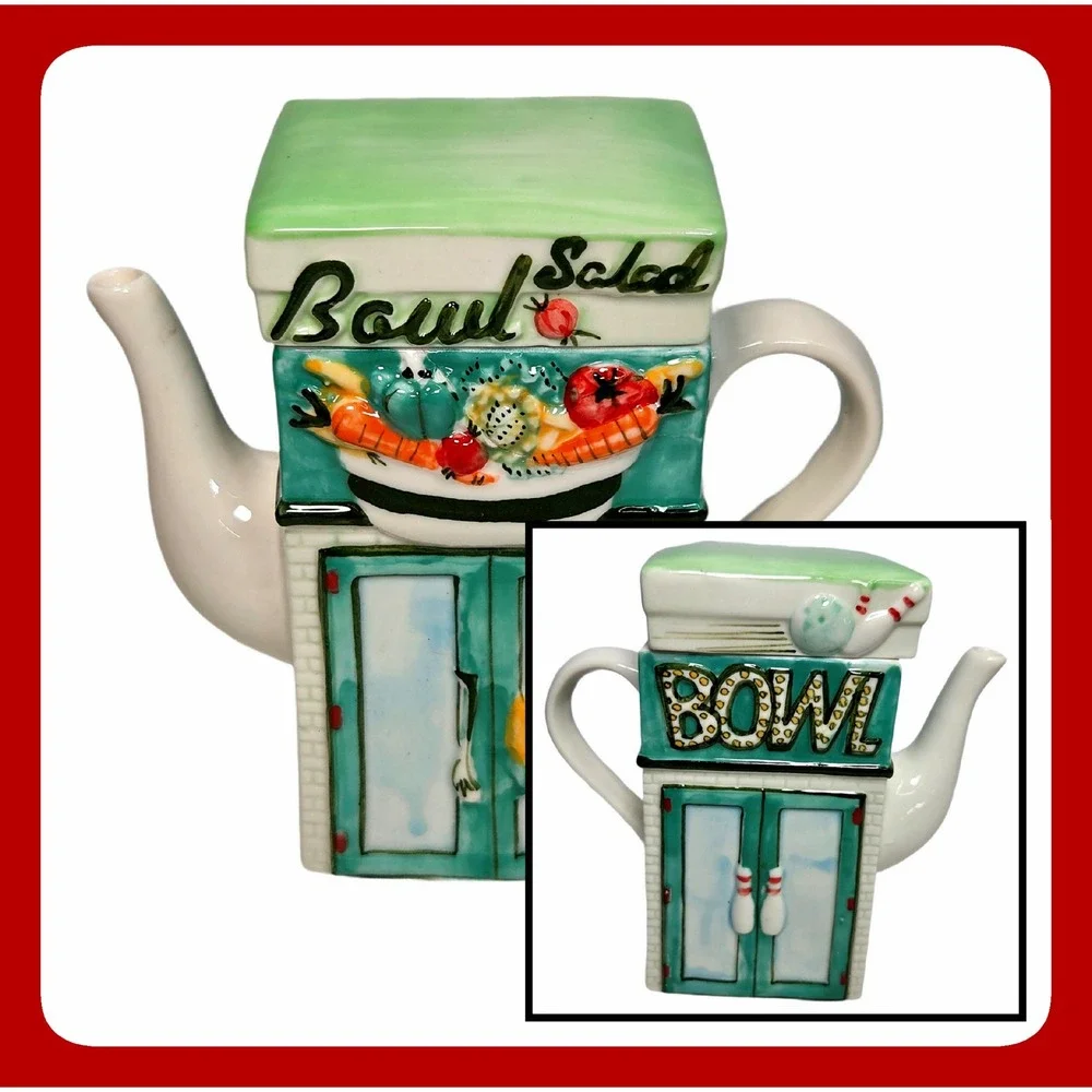 Retro Bowl Salad Bowling Novelty Teapot Hand Painted Ceramic Whimsigoth Tea‎ Pot